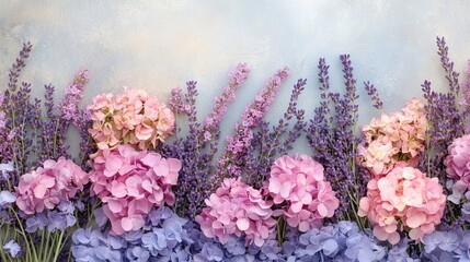 Naklejka premium Beautiful Pink and Purple Hydrangeas Lavender Flowers Floral Arrangement Romantic Spring Summer Botanical Nature Background Pastel Colors Delicate Soft Pretty Blossom Bouquet Garden Fresh Art Bloom 