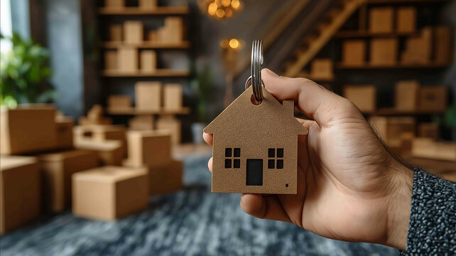 An image of a man holding a houseshaped keychain key with a new apartment with boxes and stairs in the background Perfectly conveys the concept of buying or renting a home