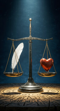 The scales of Maat in perfect balance with the feather and the heart is a very powerful symbol of Egyptian mythology, linked to the judgment of the soul in the Duat (the afterlife)