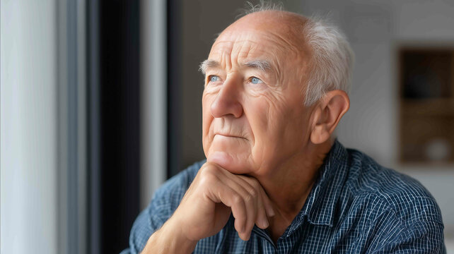 thoughtful bored old man hands on chin looking outside window - Powered by Adobe