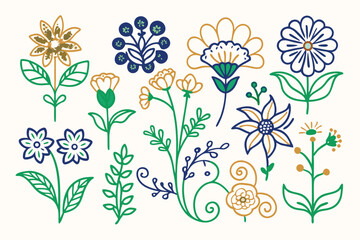 Set of boho simple geometric branch and flowers. Botanic design elements in wavy and vintage style. Leaves and branches print for logo, social media or packaging and greeting card. Vector illustration