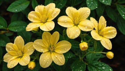 Obraz premium Close-up of bright yellow daisy flowers blooming in the garden on a rainy day