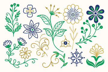 Set of boho simple geometric branch and flowers. Botanic design elements in wavy and vintage style. Leaves and branches print for logo, social media or packaging and greeting card. Vector illustration