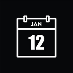 calender icon, 12 january icon with black background