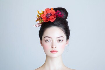 Studio portrait of woman with dark hair in high bun decorated with orange flower arrangement, minimal background, front view beauty shot with bridal or cultural styling

