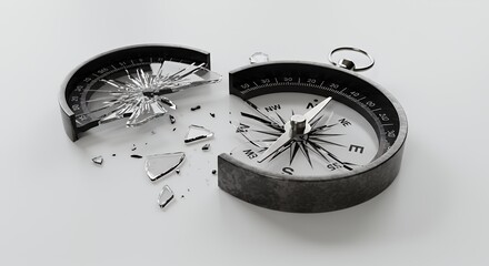 Broken Silver Compass on Isolated White Surface Symbolizing Lost Direction Loss and Disorientation Studio Shot