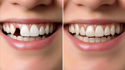 Before and after dental implant showing the same smile on both sides On the left a smile with a visible gap where a tooth is missing and on the right the same smile with all teeth r