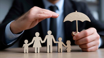 Businessman protects family icon with his hand Virtual medical icon and wooden umbrella icon in front of the image