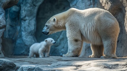 Adorable Polar Bear Cub with Mother in Rocky Habitat Wildlife Photography Arctic Animal Family Nature Scene Beautiful White Fur Wild Animals Zoo Animals Ice Baby Cute Love Care Bond Cold Snow Sweet   