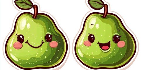 Fototapeta premium The set includes adorable retro fruit stickers with happy pear and excited grapes characters, paired with bright and colorful vintage-style labels and badges highlighting natural, organic, vegan, and