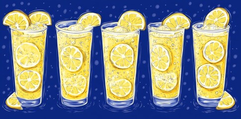 Fototapeta premium The beverage doodle set includes a glass and pitcher of lemonade, complete with cute yellow slices, juicy halved fruit, whole lemons, ice, and mint leaves, all presented in a hand-drawn cartoon
