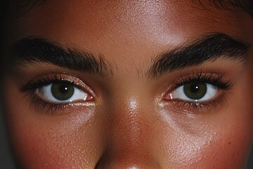 Close up macro of eyes and eyebrows of dark-skinned woman with green hazel eyes and glowing skin, beauty detail portrait, high definition texture, intense look, minimal

