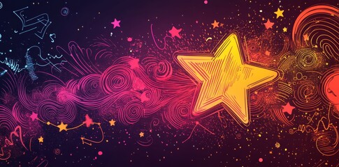 Fototapeta premium Glowing stars, holiday sparklers, and a festive decorative set are showcased in an energetic hand-drawn design, featuring vibrant neon firework crayon doodles of swirly shapes, pink spirals, and