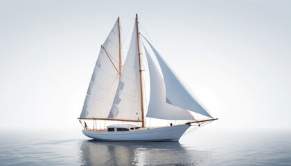 Fototapeta premium A white sailboat glides across the vast ocean under a painted sunset sky