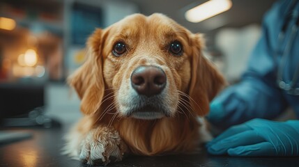 Golden dog lies on table getting examined by a person in blue gloves.