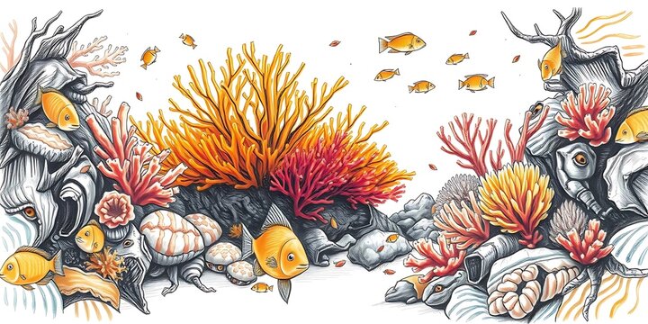 A hand-drawn sketch of a vibrant reef, corals and fish rendered in warm autumn colors, dramatic cinematic style, rough lines, textured pencil strokes on a white background