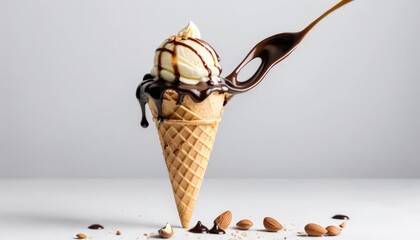 Delicious cold vanilla ice cream in a waffle cone sweet frozen dessert