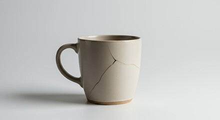 Fototapeta premium Chipped Beige Ceramic Mug Broken Isolated on White Screen Subtle Cracks Telling a Story of Damage and Repair on Clean Background Perfect for Earth Day Ads