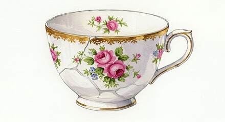 Chipped Porcelain Teacup With Pink Roses Watercolor Illustration on Isolated White Background Showing Damage