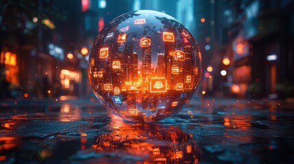 Glowing sphere with icons floats above a reflective surface in a futuristic setting.