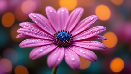 Fototapeta premium Close up of a pink daisy with water droplets and a blue center against a bokeh background