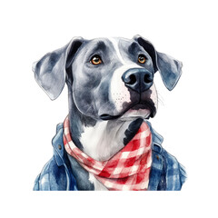 Stylish Pit Bull Terrier Watercolor Portrait  Blue Denim and Red Gingham Bandana