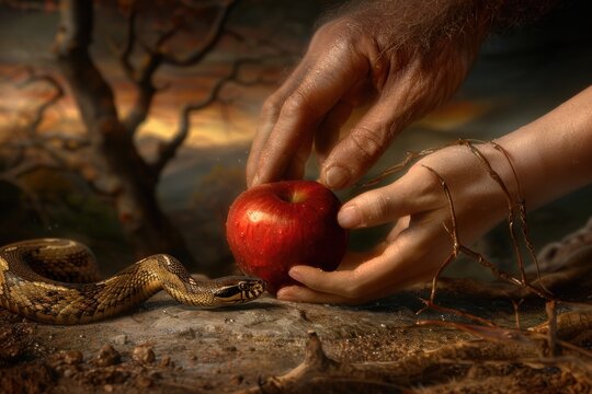 Eden departure: Adam mistake, Eve transgression, serpent deception, sacred fruit, moral awakening, divine punishment, spiritual exile, paradise loss, Genesis lesson, scripture symbol, biblical truth