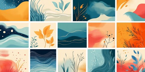 The Y2k metaball shapes set features colorful organic blobs with fluid edges, vibrant vintage colors, and amorphous forms suitable for abstract patterns and poster designs, all set against a beige