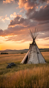 A Native American wigwam on a grassy plain at sunset. The house of the Inhabitants of the Tribe in the field.