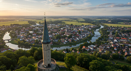 Fototapeta premium Tower over Town River Landscape