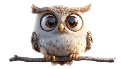 Obraz premium Adorable Cartoon Owl Perched on a Branch with Expressive Eyes and Detailed Feathers for Nature