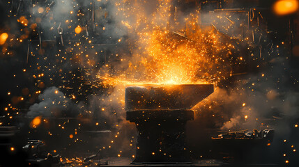 A fantastical blacksmith s workshop filled with magical energy where enchanted weapons glow with power amid the smoke and sparks of the forge. Vision Anvil. Illustration