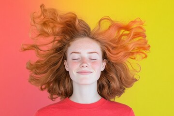 Fototapeta premium Young red-haired woman with curly hair smiling with eyes closed, colorful gradient background in yellow and red, front view, studio portrait, minimalistic, copy space