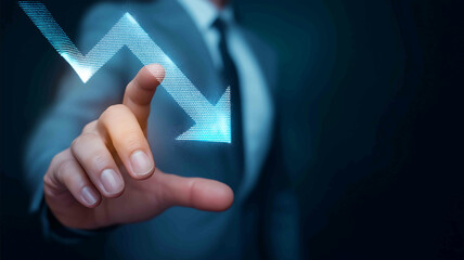 Downward movement arrow Hologram On A businessman Hand