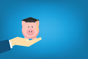 Graduation cost, expensive education, scholarship loan budget, education savings and investment concept. Piggy bank in flat design.