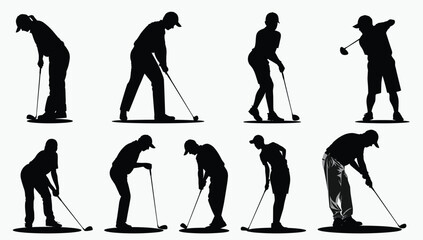 Obraz premium Silhouettes of Golfers in Various Poses and Swings
