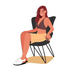 Young woman cartoon character sitting on beach chair enjoying rest and chill isolated on white