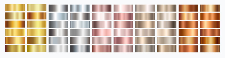 Gold rose, silver, bronze, copper and golden foil texture gradation background set. Vector shiny and metalic gradient collection for border, frame, ribbon design