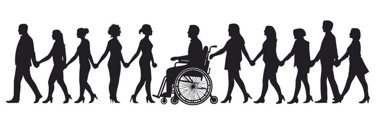 Silhouetted figures holding hands, signifying diversity, inclusion, and unity within the community