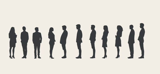 Silhouetted group standing in a line. Diversity in gender and attire creates a cohesive scene.