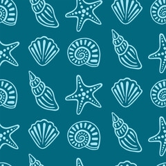 Sea shells seamless pattern. Hand draw marine collection of shellfishes, sinks and starfishes. Vector illustration.