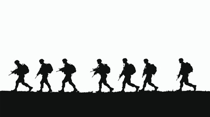 Silhouetted soldiers march in formation against a bright sky, showcasing unity and readiness.