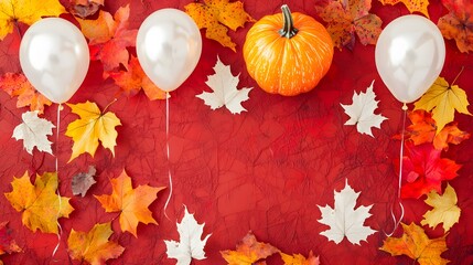 Autumnal Arrangement with Orange Pumpkin and White Balloons Surrounded by Colorful Leaves