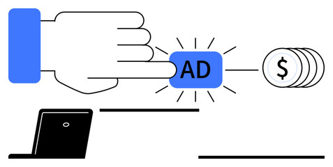 Hand clicking on blue ad button symbolizing digital advertising spend leading to monetary outcomes, with simplistic laptop graphic. Ideal for marketing, advertising, business, finance, revenue