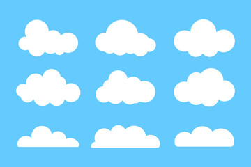 White clouds icons set. Weather symbols flat style. Blue sky and cumulus clouds.