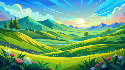 Obraz premium Waves of emerald sweep across the landscape. New life sprouts under the soft spring light. The hills curve gently like a painter’s brushstroke. A world reborn in vivid greens and golds.