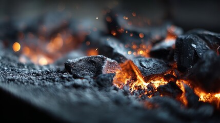 Glowing embers close-up. Soft ash and firelight