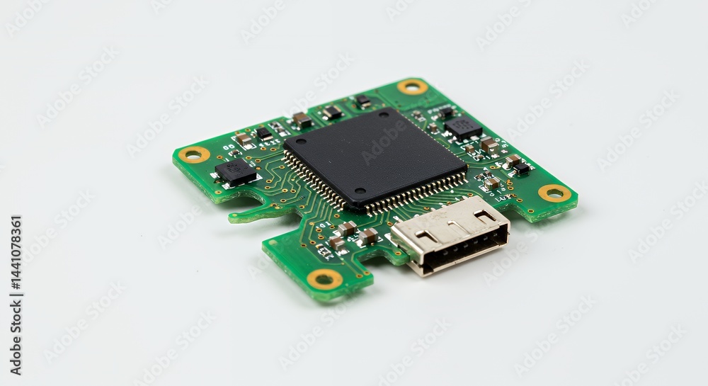 Poster detached and broken green circuit board with golden pathways isolated on white screen background in 