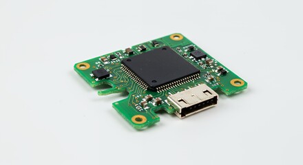 Detached and Broken Green Circuit Board with Golden Pathways Isolated on White Screen Background in a Studio Setting Showing Damage