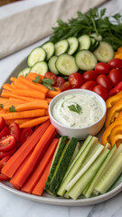 A colorful array of seasonal vegetables carefully sliced and arranged on a platter with a side of creamy herb dip.